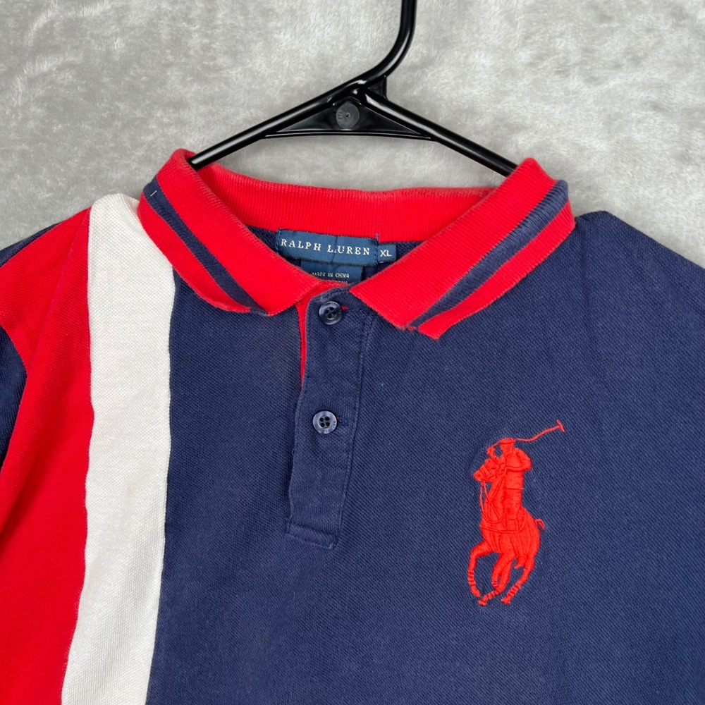 Kids Ralph Lauren Polo Shirt XL Blue Red White Colorblock Big Pony Logo - Picture 2 of 13